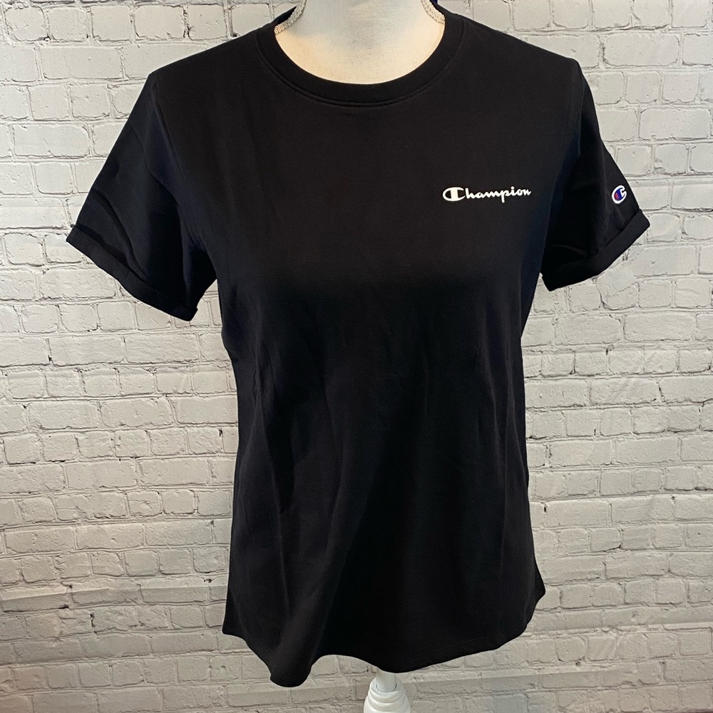 CHAMPION T-shirt Folded Sleeve 100% Cotton Black-S - Picture 2 of 3